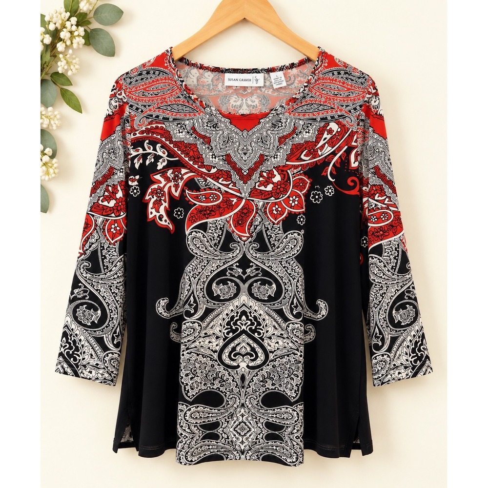 Susan Graver Liquid Knit Paisley Medallion Tunic Top Red Black White Large
